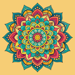 Vibrant and Intricate Mandala Design with Floral and Geometric Patterns on Yellow