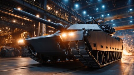 An armored combat tank dominates a vast, dimly lit warehouse, showcasing intricate paneling and towering industrial scale.
