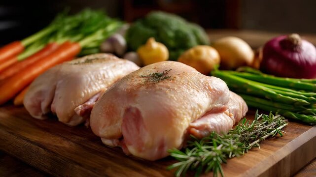 Three pieces of chicken are on a wooden cutting board. The chicken is surrounded by vegetables. close-up of uncooked chicken on shared cutting board with vegetables, salmonella outbreak