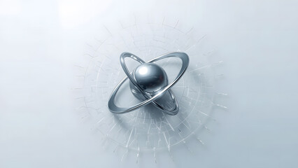 Abstract sci-fi sphere surrounded by rotating metal loops, ideal for science, AI, engineering, or digital future themes.