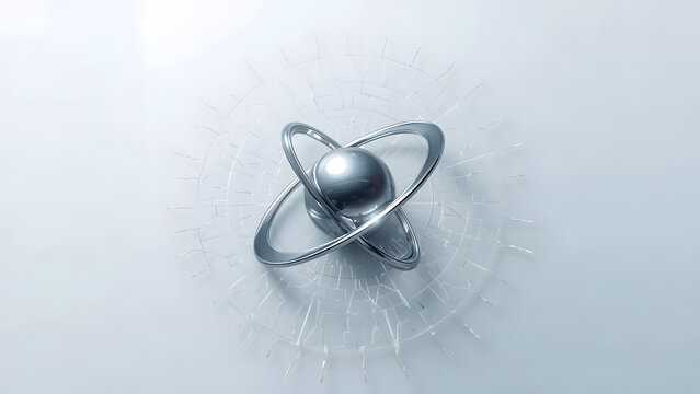 Abstract sci-fi sphere surrounded by rotating metal loops, ideal for science, AI, engineering, or digital future themes.

