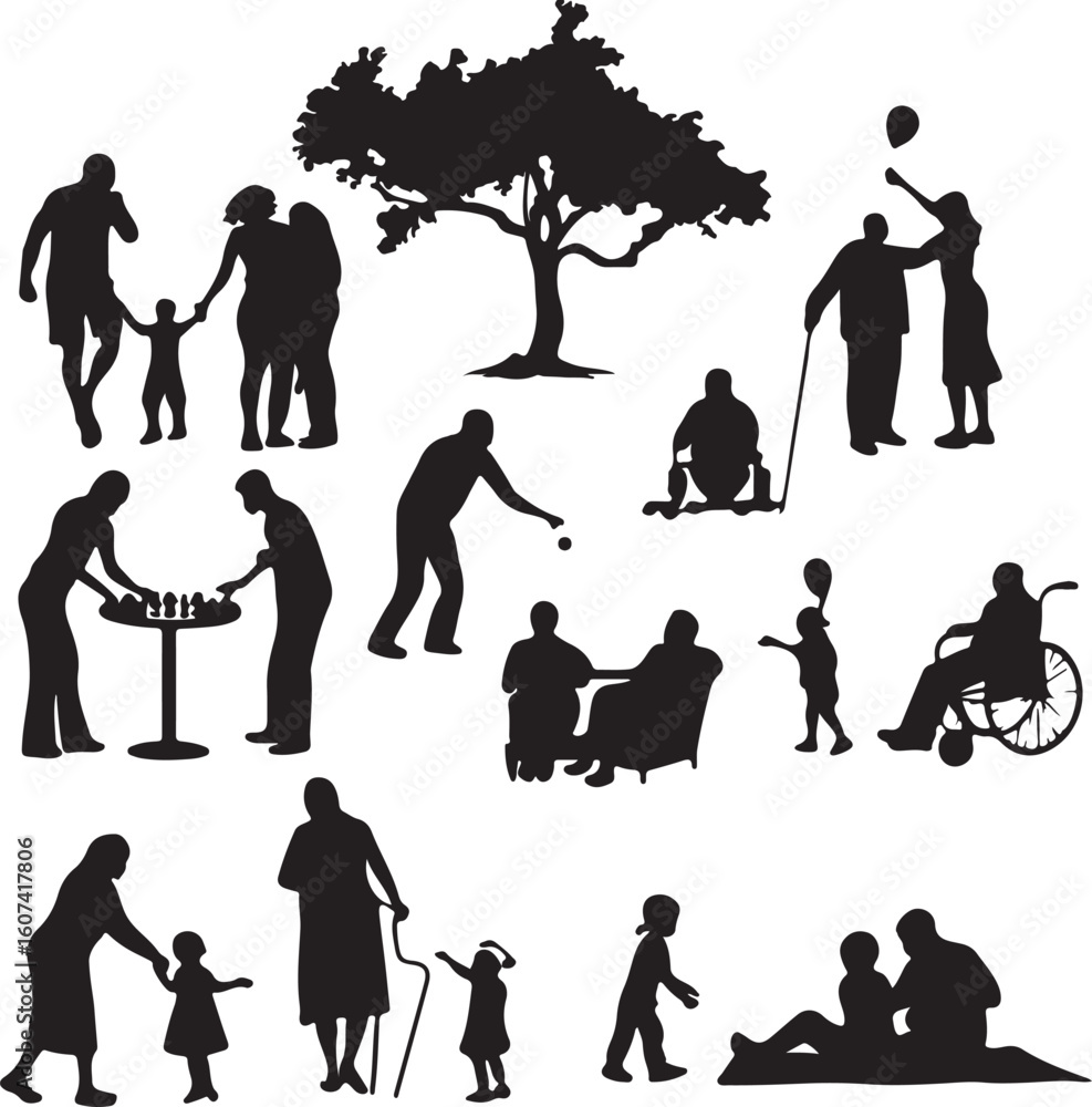 Aufkleber diverse family illustration showcasing unity and connection rendered in a modern silhouette style fo