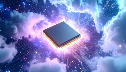 Cyber Core Rising: An abstract depiction of a microchip surrounded by ethereal clouds and electric waves, representing the evolution of technology, progress, and computational power. 