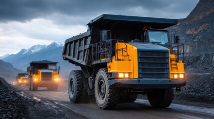 Three yellow dump trucks transport coal in a large open-pit mine, surrounded by rocky terrain and winding roads, under a cloudy sky.