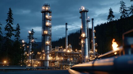 Obraz premium Dramatic dusk scene of an illuminated oil refinery surrounded by forest, showcasing industrial complexity and energy production.