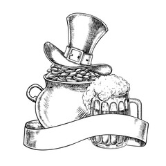 A cast-iron pot with coins, covered with a leprechaun hat, a beer mug, and a label with an inscription. Vector black and white graphic illustration. For St. Patrick s Day. For greeting cards, banners.