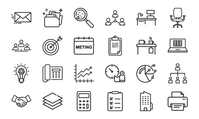 Office and Business Icon Bundle 24 Line Style Work Icons Office Tools, Meeting, Chart, Communication, Desk, Team, Planning Icons 