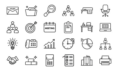 Office and Business Icon Bundle 24 Line Style Work Icons Office Tools, Meeting, Chart, Communication, Desk, Team, Planning Icons 