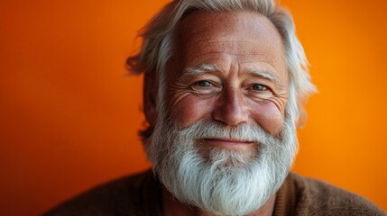 A man with a beard and white hair is smiling. He is wearing a brown sweater. The man is looking at the camera