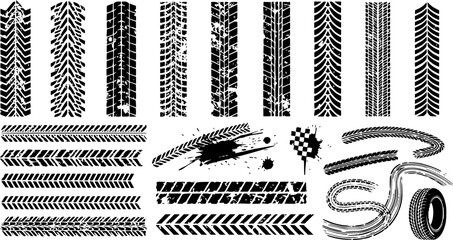 Tire tracks after skidding, launch, drift, powerslide in motorsport, rally, off-road, motocross. Wheel texture with splash effect. Vector, EPS version.