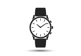 Isolated monochrome illustration of a wristwatch with a black strap on a white background