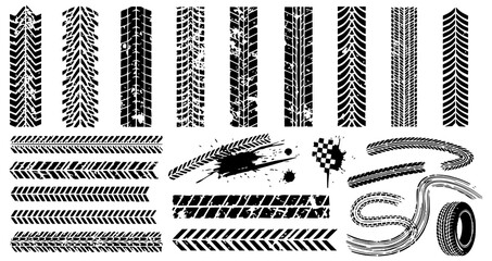 Tire tracks after skidding, launch, drift, powerslide in motorsport, rally, off-road, motocross. Wheel texture with splash effect. Vector, JPEG version.