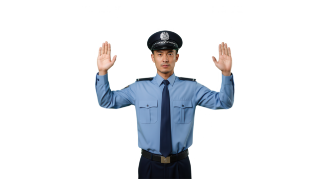 Police Officer with Hands Up on White