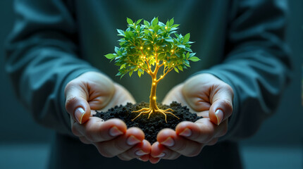 Cupped hands gently hold a small, vibrant tree with glowing leaves and roots in dark soil, symbolizing life.