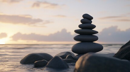 A peaceful stack of smooth stones on a calm ocean beach during sunset creates a scene of tranquility