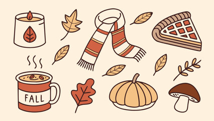Cozy autumn season illustration with pumpkin pie candle scarf leaves and hot drink vector graphic design art