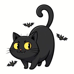 Halloween Black Cat with Flying Bats Illustration