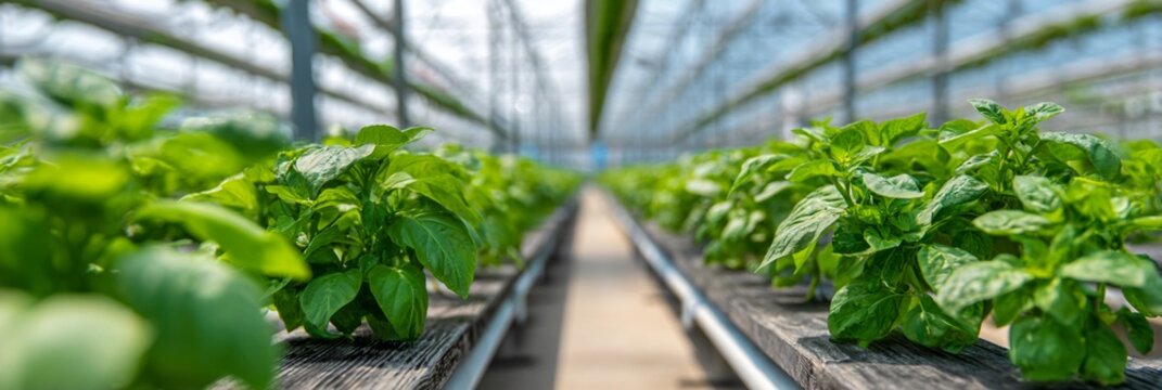 Lush green basil plants growing in organized rows inside a modern hydroponic greenhouse with clean, controlled cultivation environment and natural light filtering through - Powered by Adobe