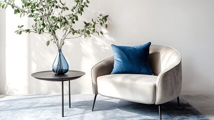 Interior view of a chair with a blue pillow and a vase on a side table near it