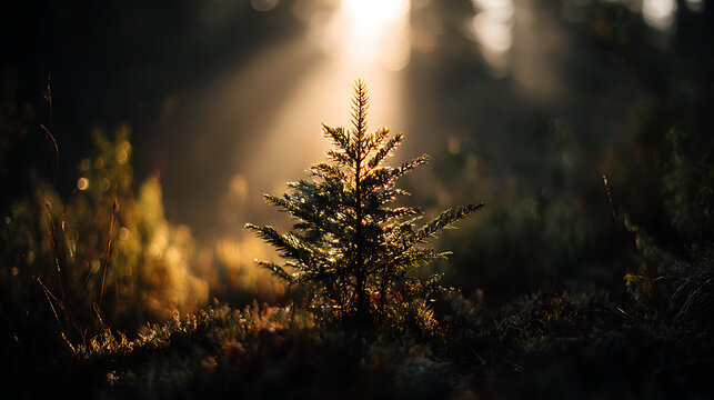 Golden sunbeams illuminate a solitary young pine tree in a misty forest sunlight