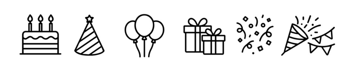 Birthday Party Celebration Black Vector Icons Set, Balloons, Cake, Candles, Gifts, Party Hat, Confetti, Editable Formats: AI, EPS, JPG, PNG, Ideal for Both Digital and Print Use
