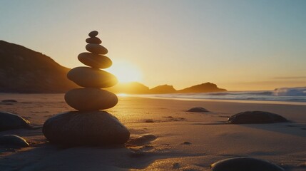 Balanced Stacked Stones Silhouetted Against a Coastal Sunset on Sandy Beach