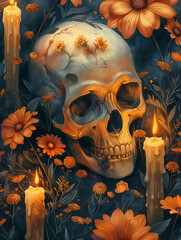 Skull with Candles and Flowers – Mystical Halloween Night