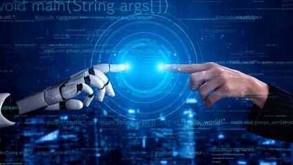 A striking image showing a robotic hand reaching out to touch a human hand, set in a futuristic digital landscape, symbolizing the union of human intelligence and technology. Xenic