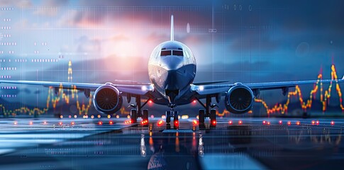 Fototapeta premium An airplane in front of red stock charts, depicting the concept of a falling stock price for an airline