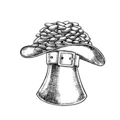A leprechaun s cylinder full of coins. Vector, black and white graphic illustration. Conceptual design for St. Patrick s Day. For greeting cards, banner and flyer, packaging, invitation, festive decor
