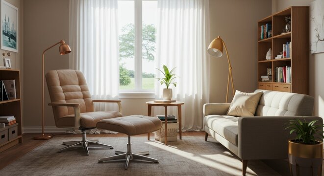 Therapy Room with Mid-Century Sofa and Daylight-Filled Window