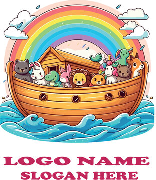 Playful Noah's Ark Vector Colorful Arca de Noe Illustration with Animals, Rainbow, and Waves on White Background .