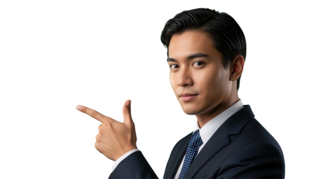 Confident Asian Businessman Pointing to the Side on White