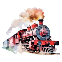 Vintage steam locomotive on a forest railway track, spewing smoke as it travels through the mountains