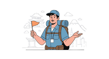 Cartoon illustration of a friendly tour guide, holding a flag, and ready to show tourists around a Japanese-style location.