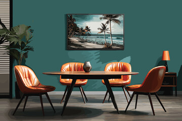 Modern dark green home interior with yellow couch, home decoration vector and illustration