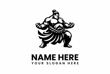 Powerful Sumo Wrestler in Fighting Stance Traditional Hairstyle Black and White Vector Illustration.