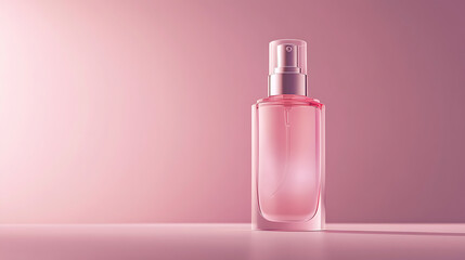 A pink perfume bottle with a silver sprayer on a pink gradient background