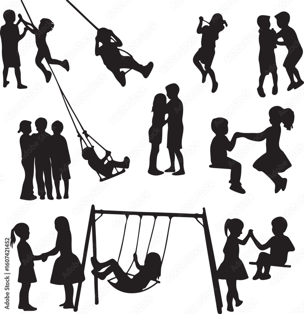 Poster diverse group of children from various backgrounds depicted in a unified silhouette style representi