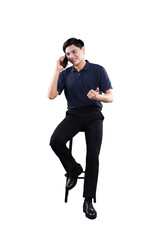 Modern Communication: A man, engaged in an animated phone call, sits comfortably. The image focuses...