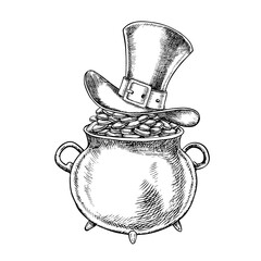 A cast-iron pot with coins covered with a leprechaun hat in honor of St. Patrick s Day. Vector, black-and-white graphic illustration. For greeting cards, banners and flyers, invitations, holiday decor