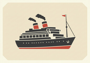 Obraz premium Illustration of a black and red steamship with smoke stacks on a beige background