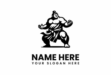 Powerful Sumo Wrestler in Mawashi Ready for Combat Black and White Illustration.