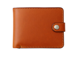 Brown leather bifold wallet with snap closure isolated on transparent background