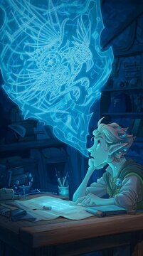 Elf toymaker studies a glowing magical blueprint of a clockwork bird hovering above a workbench, face lit by blue holographic light, festive, whimsical, and detailed Christmas scene.