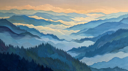 Obraz premium Layered blue mountain peaks shrouded in mist under a pale golden sky landscape mountains