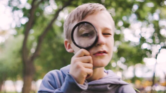 Young boy explores nature with magnifying glass in a vibrant park on a sunny afternoon, smiling as he observes details around him