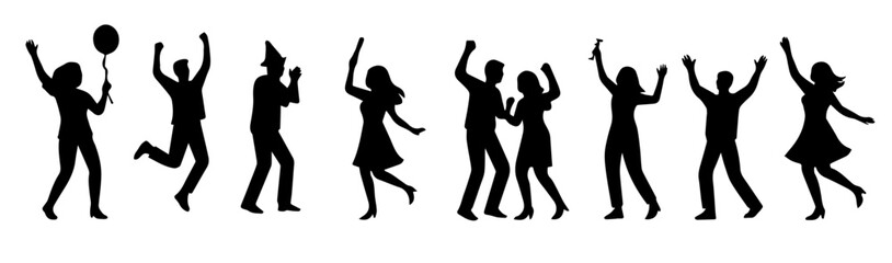 Silhouette Set of People Dancing and Celebrating in Various Poses, Black Vector Group in Motion with Party and Festival Vibes, Editable Formats: AI, EPS, JPG, PNG, Ideal for Both Digital and Print Use