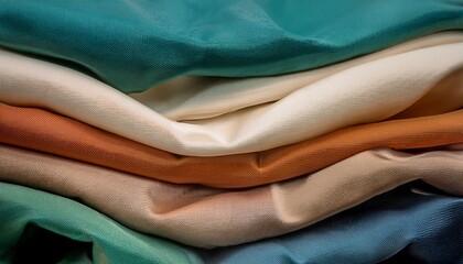 multiple layers of textured fabric in overlapping waves showcasing a variety of natural colors including teal beige and burnt orange creating a soft and organic aesthetic