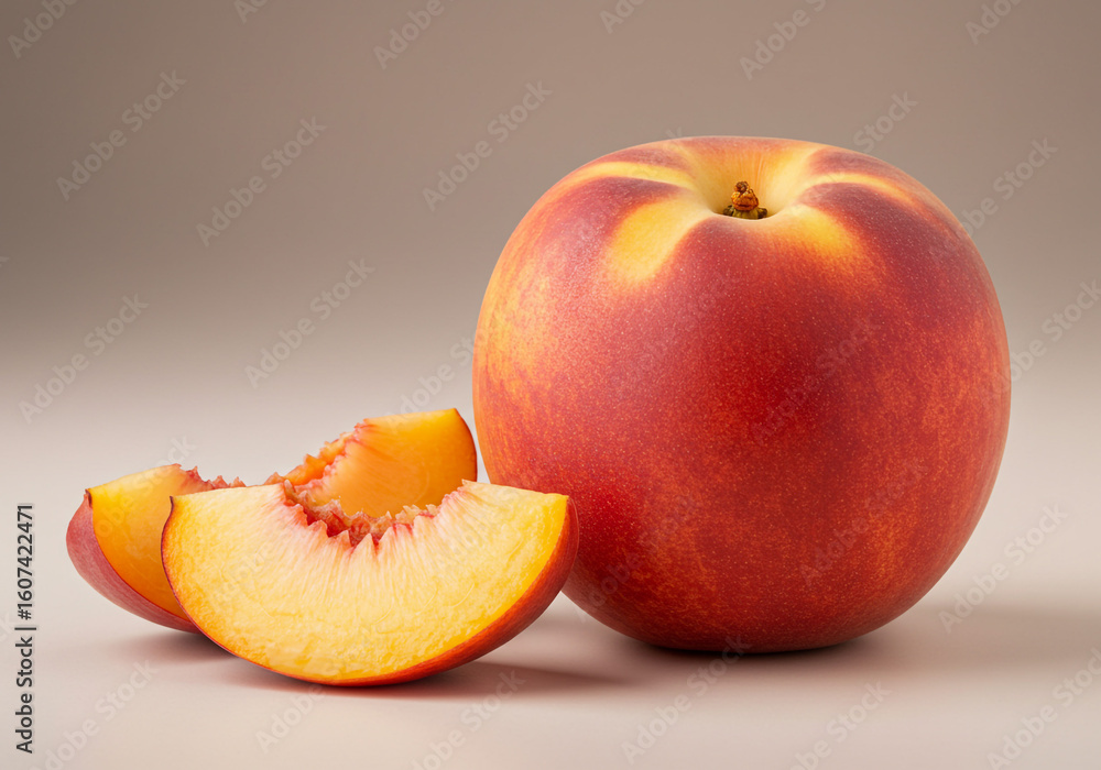 Poster a whole nectarine and nectarine slices on a neutral background in a studio setting